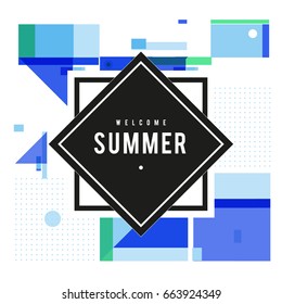 Trendy vector summer cards illustration with elements and abstract colorful textures. Design for holiday vacation poster, card, brochure, and promotion template. Fashion art print and background.