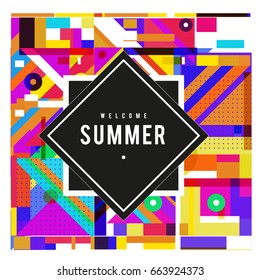Trendy vector summer cards illustration with elements and abstract colorful textures. Design for holiday vacation poster, card, brochure, and promotion template. Fashion art print and background.