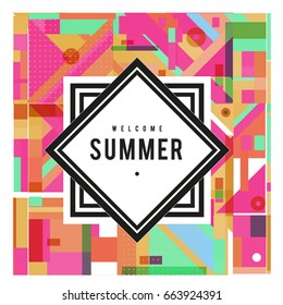 Trendy vector summer cards illustration with elements and abstract colorful textures. Design for holiday vacation poster, card, brochure, and promotion template. Fashion art print and background.