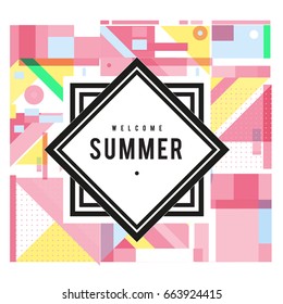 Trendy vector summer cards illustration with elements and abstract colorful textures. Design for holiday vacation poster, card, brochure, and promotion template. Fashion art print and background.