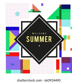 Trendy vector summer cards illustration with elements and abstract colorful textures. Design for holiday vacation poster, card, brochure, and promotion template. Fashion art print and background.