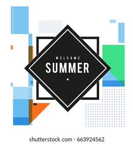 Trendy vector summer cards illustration with elements and abstract colorful textures. Design for holiday vacation poster, card, brochure, and promotion template. Fashion art print and background.