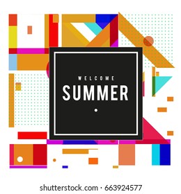 Trendy vector summer cards illustration with elements and abstract colorful textures. Design for holiday vacation poster, card, brochure, and promotion template. Fashion art print and background.