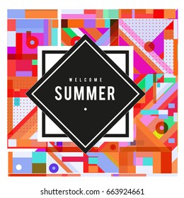 Trendy vector summer cards illustration with elements and abstract colorful textures. Design for holiday vacation poster, card, brochure, and promotion template. Fashion art print and background.