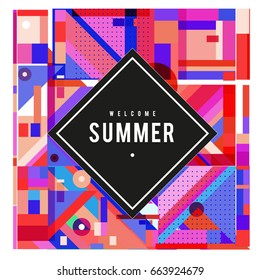 Trendy vector summer cards illustration with elements and abstract colorful textures. Design for holiday vacation poster, card, brochure, and promotion template. Fashion art print and background.