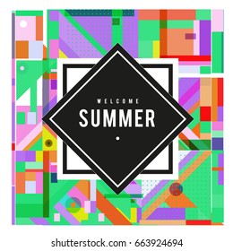 Trendy vector summer cards illustration with elements and abstract colorful textures. Design for holiday vacation poster, card, brochure, and promotion template. Fashion art print and background.