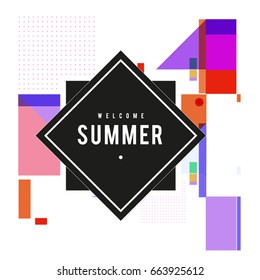 Trendy vector summer cards illustration with elements and abstract colorful textures. Design for holiday vacation poster, card, brochure, and promotion template. Fashion art print and background.