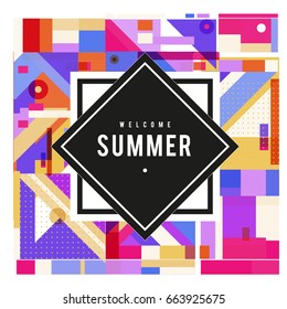 Trendy vector summer cards illustration with elements and abstract colorful textures. Design for holiday vacation poster, card, brochure, and promotion template. Fashion art print and background.