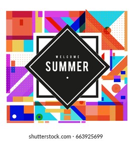 Trendy vector summer cards illustration with elements and abstract colorful textures. Design for holiday vacation poster, card, brochure, and promotion template. Fashion art print and background.