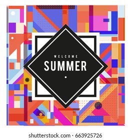 Trendy vector summer cards illustration with elements and abstract colorful textures. Design for holiday vacation poster, card, brochure, and promotion template. Fashion art print and background.