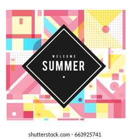 Trendy vector summer cards illustration with elements and abstract colorful textures. Design for holiday vacation poster, card, brochure, and promotion template. Fashion art print and background.
