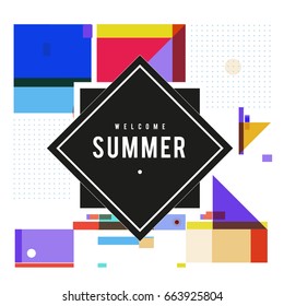 Trendy vector summer cards illustration with elements and abstract colorful textures. Design for holiday vacation poster, card, brochure, and promotion template. Fashion art print and background.