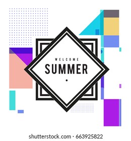 Trendy vector summer cards illustration with elements and abstract colorful textures. Design for holiday vacation poster, card, brochure, and promotion template. Fashion art print and background.