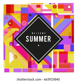 Trendy vector summer cards illustration with elements and abstract colorful textures. Design for holiday vacation poster, card, brochure, and promotion template. Fashion art print and background.