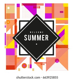 Trendy vector summer cards illustration with elements and abstract colorful textures. Design for holiday vacation poster, card, brochure, and promotion template. Fashion art print and background.