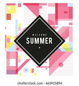 Trendy vector summer cards illustration with elements and abstract colorful textures. Design for holiday vacation poster, card, brochure, and promotion template. Fashion art print and background.