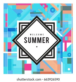 Trendy vector summer cards illustration with elements and abstract colorful textures. Design for holiday vacation poster, card, brochure, and promotion template. Fashion art print and background.