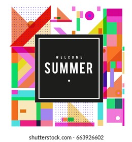 Trendy vector summer cards illustration with elements and abstract colorful textures. Design for holiday vacation poster, card, brochure, and promotion template. Fashion art print and background.