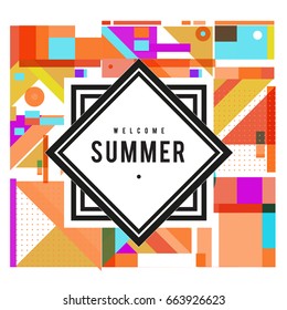 Trendy vector summer cards illustration with elements and abstract colorful textures. Design for holiday vacation poster, card, brochure, and promotion template. Fashion art print and background.