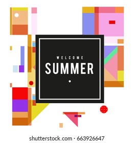 Trendy vector summer cards illustration with elements and abstract colorful textures. Design for holiday vacation poster, card, brochure, and promotion template. Fashion art print and background.