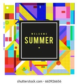 Trendy Vektorillustration Sommerkarten Illustration mit Elementen und abstrakten bunten Texturen. Design für Urlaubsposter, Karte, Broschüre und Promotion-Vorlage. Modekunst und Hintergrund.