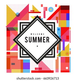 Trendy vector summer cards illustration with elements and abstract colorful textures. Design for holiday vacation poster, card, brochure, and promotion template. Fashion art print and background.