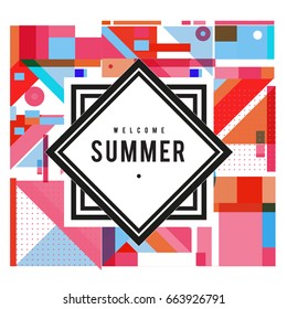 Trendy vector summer cards illustration with elements and abstract colorful textures. Design for holiday vacation poster, card, brochure, and promotion template. Fashion art print and background.