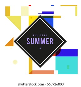 Trendy vector summer cards illustration with elements and abstract colorful textures. Design for holiday vacation poster, card, brochure, and promotion template. Fashion art print and background.