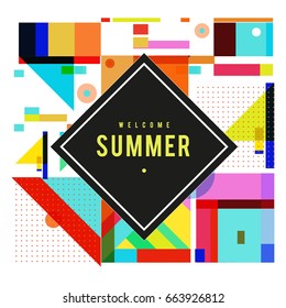 Trendy vector summer cards illustration with elements and abstract colorful textures. Design for holiday vacation poster, card, brochure, and promotion template. Fashion art print and background.