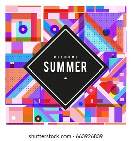 Trendy vector summer cards illustration with elements and abstract colorful textures. Design for holiday vacation poster, card, brochure, and promotion template. Fashion art print and background.