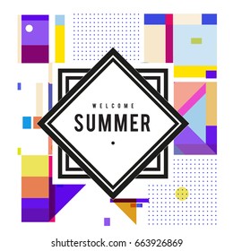 Trendy vector summer cards illustration with elements and abstract colorful textures. Design for holiday vacation poster, card, brochure, and promotion template. Fashion art print and background.