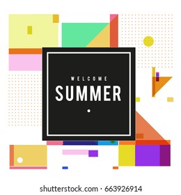 Trendy vector summer cards illustration with elements and abstract colorful textures. Design for holiday vacation poster, card, brochure, and promotion template. Fashion art print and background.