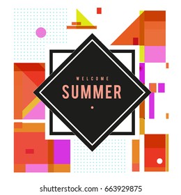 Trendy vector summer cards illustration with elements and abstract colorful textures. Design for holiday vacation poster, card, brochure, and promotion template. Fashion art print and background.