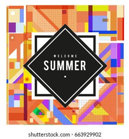 Trendy vector summer cards illustration with elements and abstract colorful textures. Design for holiday vacation poster, card, brochure, and promotion template. Fashion art print and background.