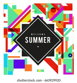 Trendy vector summer cards illustration with elements and abstract colorful textures. Design for holiday vacation poster, card, brochure, and promotion template. Fashion art print and background.