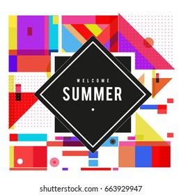 Trendy vector summer cards illustration with elements and abstract colorful textures. Design for holiday vacation poster, card, brochure, and promotion template. Fashion art print and background.