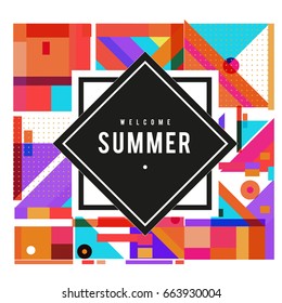 Trendy vector summer cards illustration with elements and abstract colorful textures. Design for holiday vacation poster, card, brochure, and promotion template. Fashion art print and background.