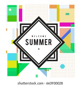 Trendy vector summer cards illustration with elements and abstract colorful textures. Design for holiday vacation poster, card, brochure, and promotion template. Fashion art print and background.