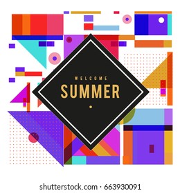 Trendy vector summer cards illustration with elements and abstract colorful textures. Design for holiday vacation poster, card, brochure, and promotion template. Fashion art print and background.