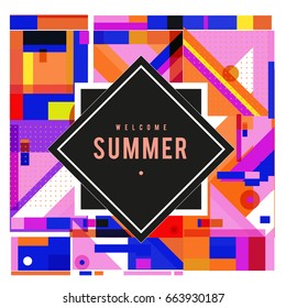 Trendy vector summer cards illustration with elements and abstract colorful textures. Design for holiday vacation poster, card, brochure, and promotion template. Fashion art print and background.