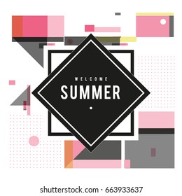 Trendy vector summer cards illustration with elements and abstract colorful textures. Design for holiday vacation poster, card, brochure, and promotion template. Fashion art print and background.