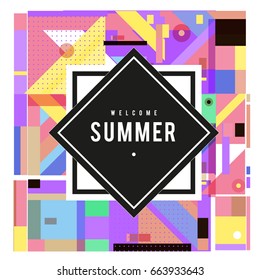 Trendy vector summer cards illustration with elements and abstract colorful textures. Design for holiday vacation poster, card, brochure, and promotion template. Fashion art print and background.
