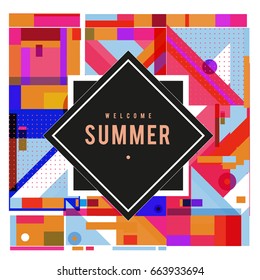 Trendy vector summer cards illustration with elements and abstract colorful textures. Design for holiday vacation poster, card, brochure, and promotion template. Fashion art print and background.