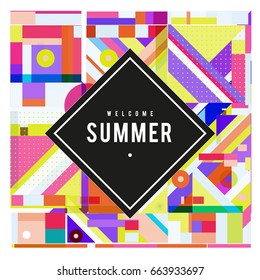 Trendy vector summer cards illustration with elements and abstract colorful textures. Design for holiday vacation poster, card, brochure, and promotion template. Fashion art print and background.