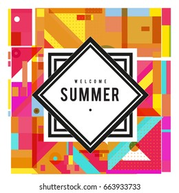 Trendy vector summer cards illustration with elements and abstract colorful textures. Design for holiday vacation poster, card, brochure, and promotion template. Fashion art print and background.