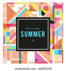 Trendy vector summer cards illustration with elements and abstract colorful textures. Design for holiday vacation poster, card, brochure, and promotion template. Fashion art print and background.