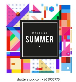 Trendy vector summer cards illustration with elements and abstract colorful textures. Design for holiday vacation poster, card, brochure, and promotion template. Fashion art print and background.