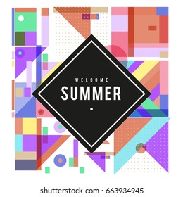Trendy vector summer cards illustration with elements and abstract colorful textures. Design for holiday vacation poster, card, brochure, and promotion template. Fashion art print and background.