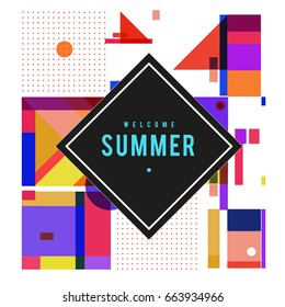 Trendy vector summer cards illustration with elements and abstract colorful textures. Design for holiday vacation poster, card, brochure, and promotion template. Fashion art print and background.