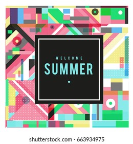 Trendy vector summer cards illustration with elements and abstract colorful textures. Design for holiday vacation poster, card, brochure, and promotion template. Fashion art print and background.